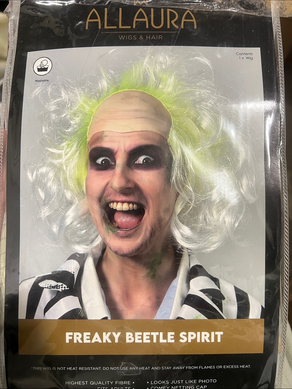 Allaura Freaky Beetle Spirit White and Neon Green Wig